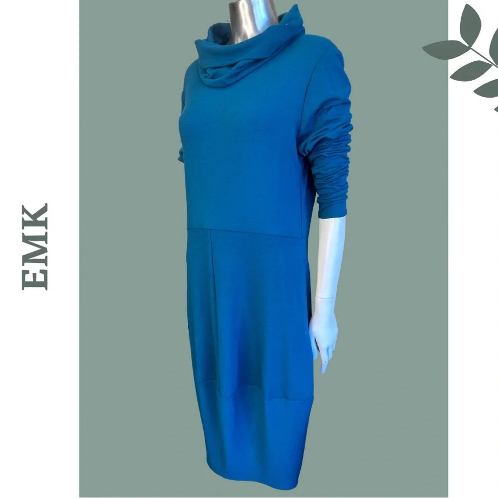 EMK Irene Midi Dress Long Sleeves w/ Pockets Cowl Neck Teal Bamboo Blend - Picture 4 of 10